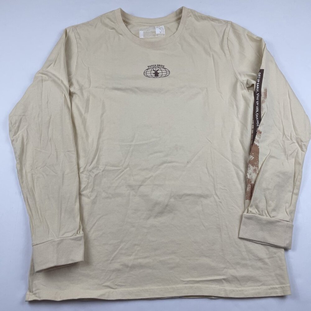 Dutch Bros Its All Good Graphic T-Shirt Women’s L Beige Long Sleeve Cotton